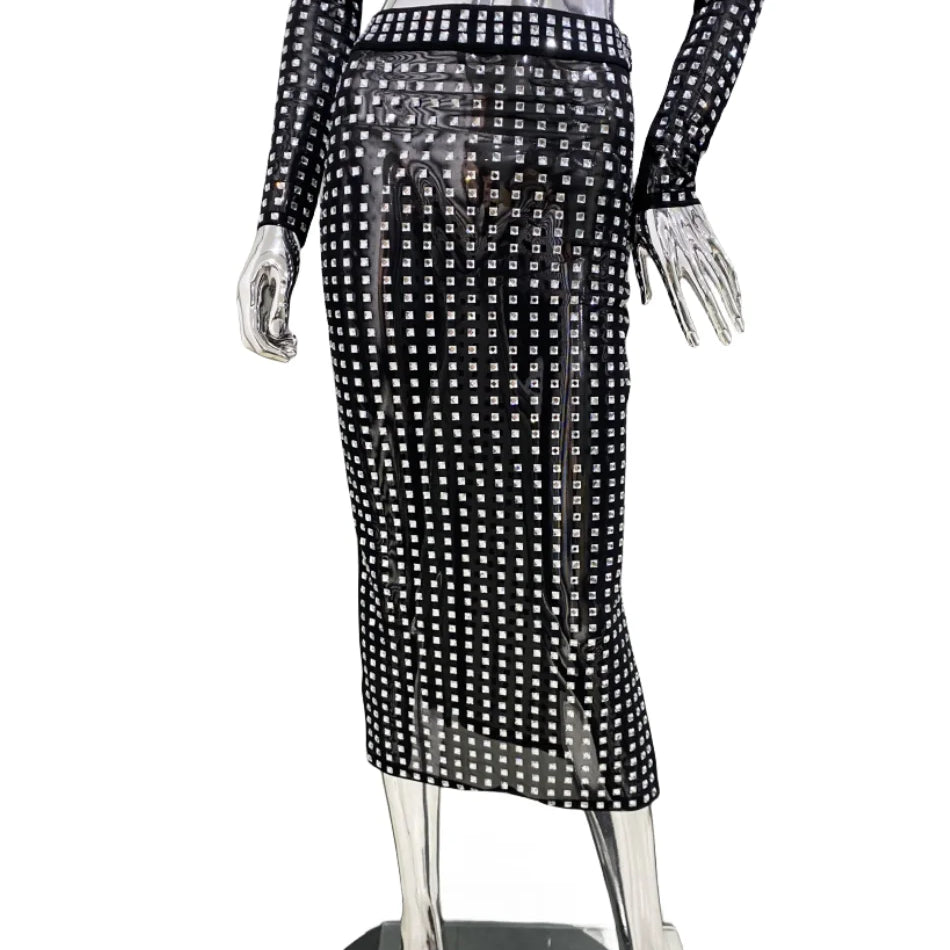 STOCK Sparkling square Diamonds Sexy Mesh See Through Top And Skirt Woman Fashion Set High Street Wear Evening Party Outfit