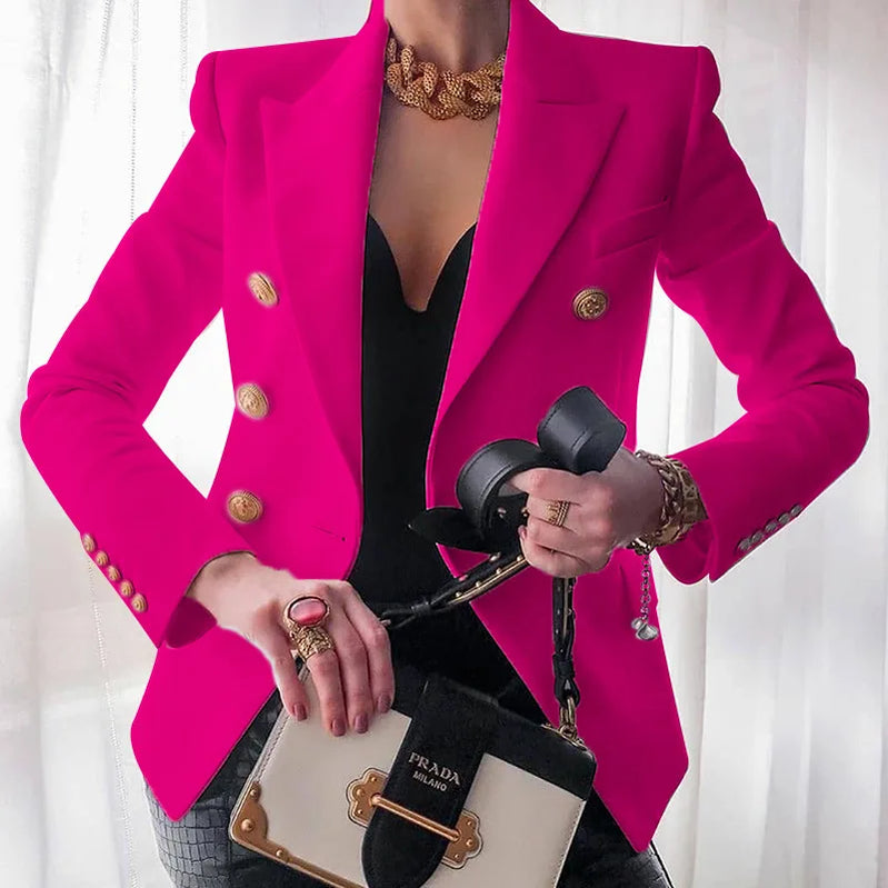 Women Blazer Double Breasted Solid Color Slim Long Sleeve Business Casual Fashion Short Coat Office Ladies Female Suit Jacket Rose Red