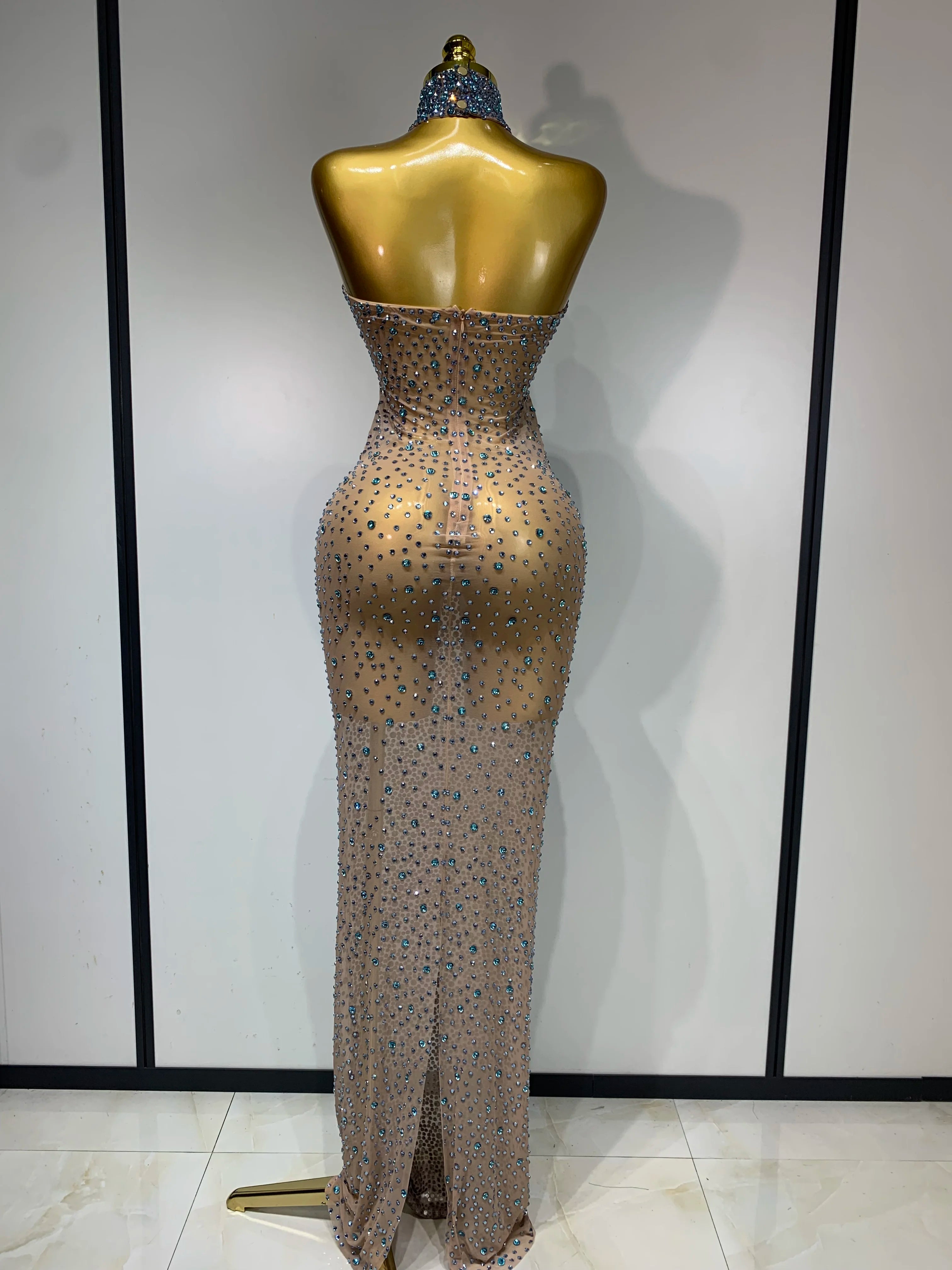 Sparkly Rhinestones Sleeveless Dress Sexy Mesh Transparent Celebrate Evening Wedding Prom Luxury Birthday Dresses Stage Outfit