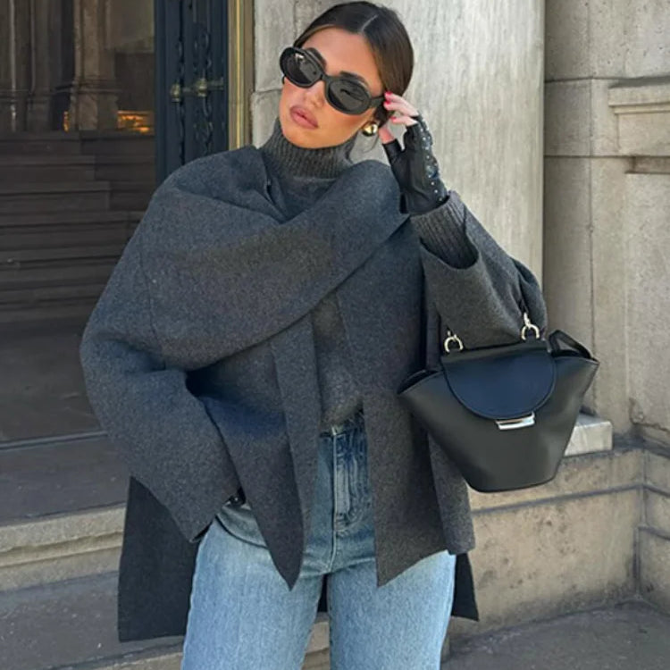 New Fashion Scarf Collar Woolen Jackets For Women Elegant Long Sleeved Side Split Casual Coats Female Chic Autumn Overcoats