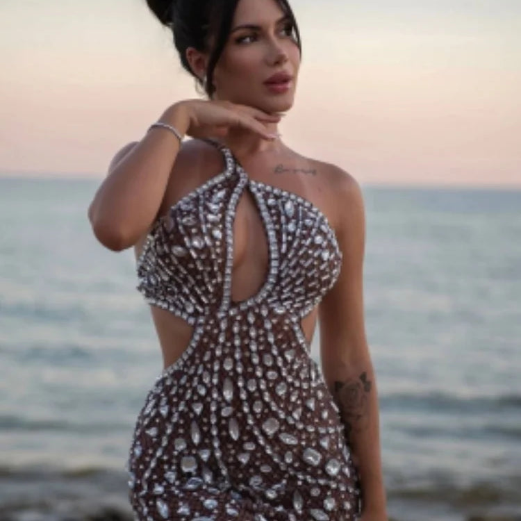 2024 New Fashion Women Sexy Off the Shoulder Mesh See Through Bodycon Mini Dress Crystal Nightclub Party Celebrate Stage Wear