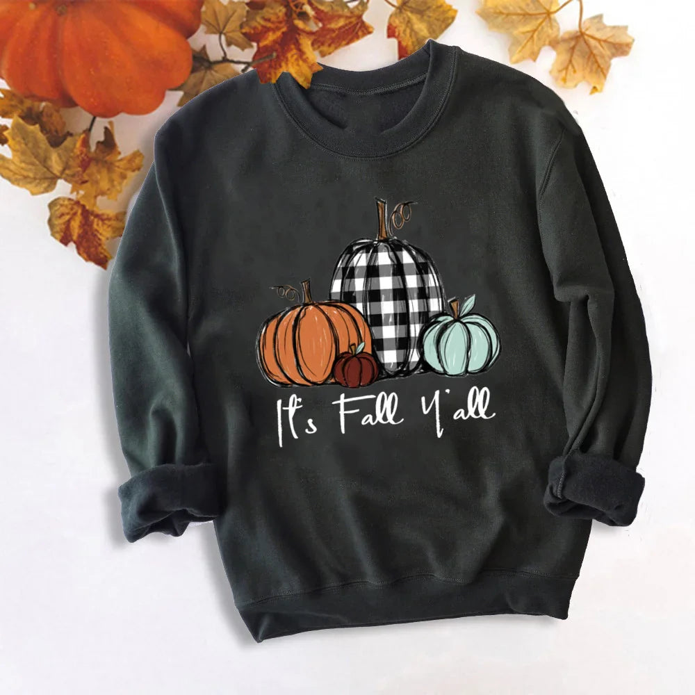 It's Fall Y'all Pumpkin Sweatshirts Thankful Grateful Blessed Hoodie Women Fashion Thanksgiving Pullover Tops Halloween Clothes TM121427-USWBK