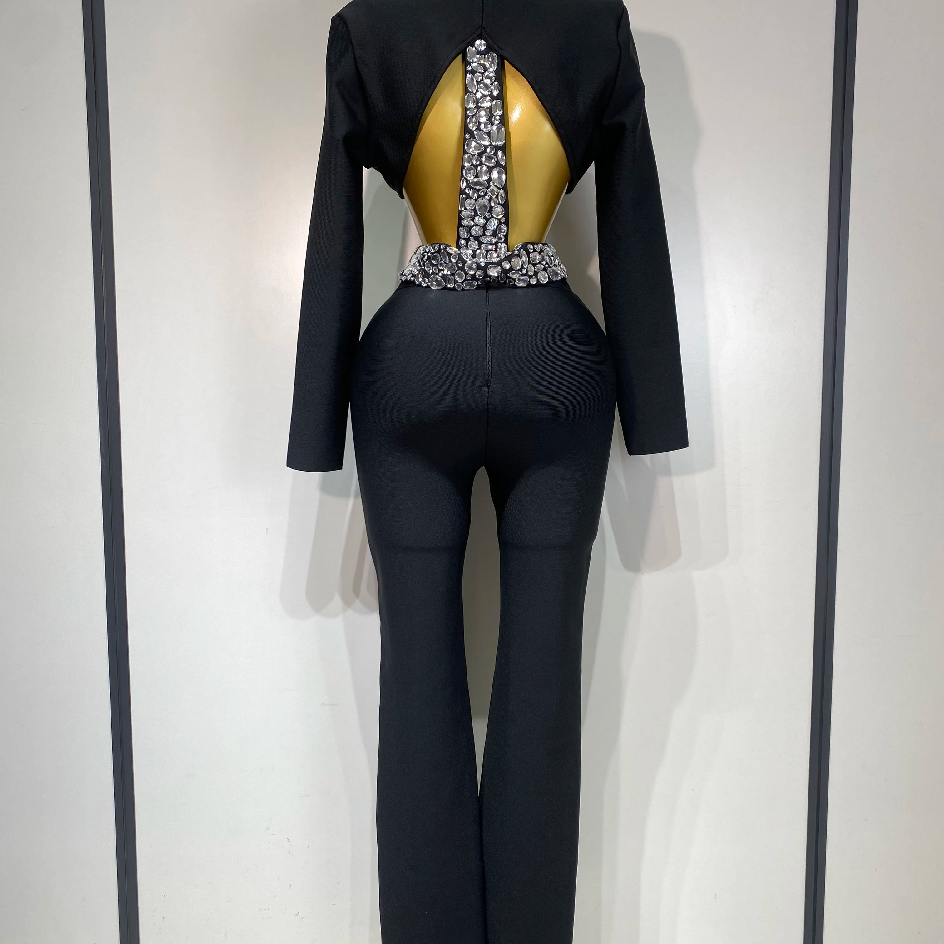 Conjunto feminino sexy com recortes, manga longa, com contas, bodycon, duas peças, calça, bandagem, designer de celebridades, moda feminina, conjunto de aniversário de luxo