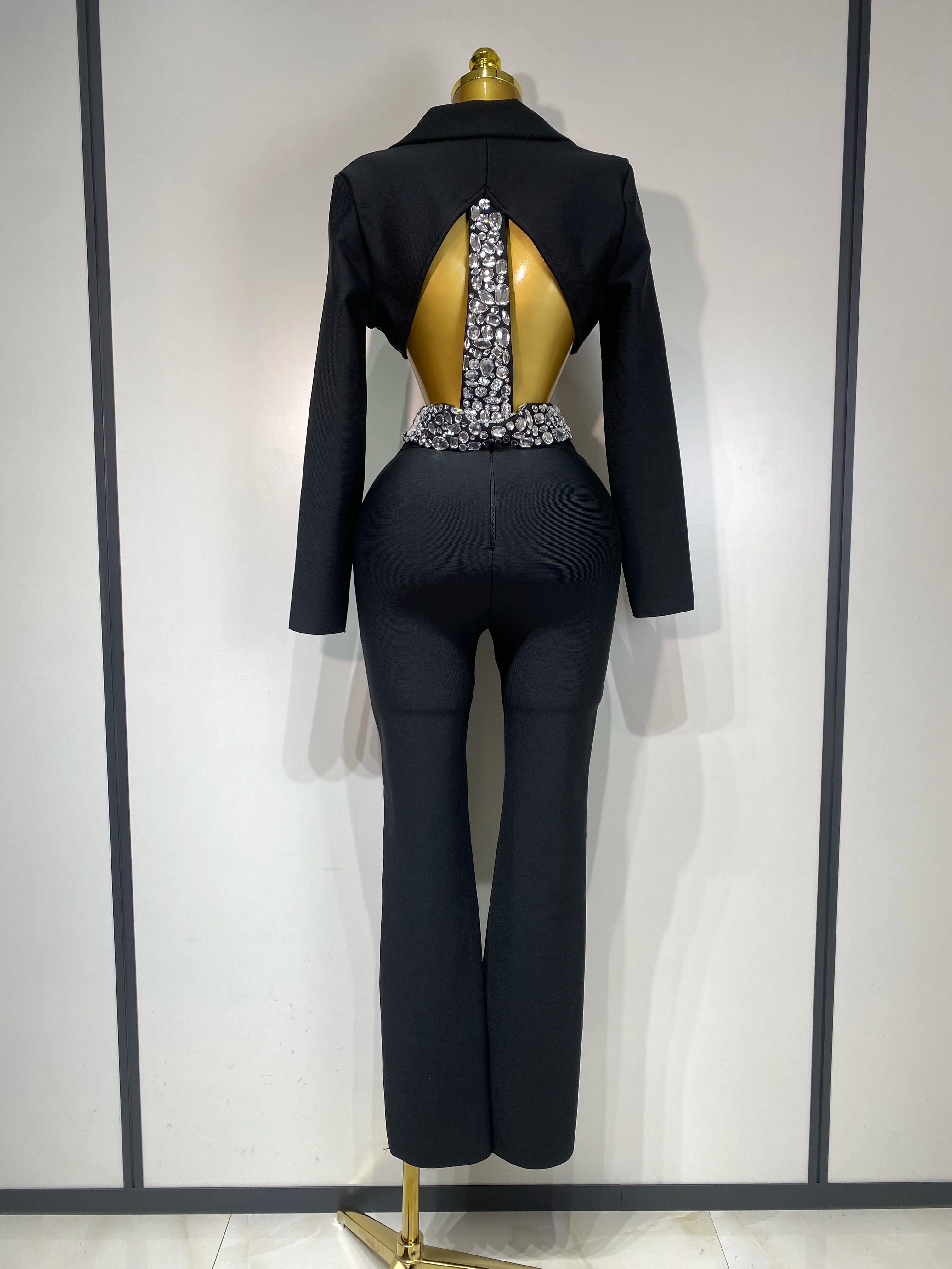 Conjunto feminino sexy com recortes, manga longa, com contas, bodycon, duas peças, calça, bandagem, designer de celebridades, moda feminina, conjunto de aniversário de luxo