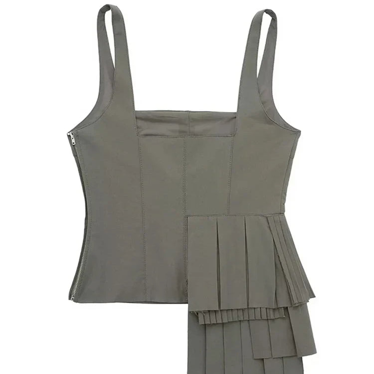 HH TRAF Summer Woman Fashion Asymmetrical Tank Tops Casual Square Neck Slim Fit Sexy Backless Tops Female Chic Pleated Top