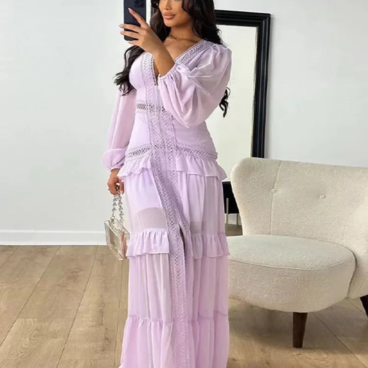 Women Elegant Layered Ruffles Patchwork Long Dress Chic V Neck Puff Full Sleeves Split Maxi Dresses Fashion Lady Party Robes
