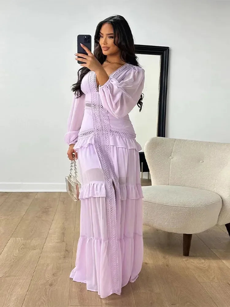 Women Elegant Layered Ruffles Patchwork Long Dress Chic V Neck Puff Full Sleeves Split Maxi Dresses Fashion Lady Party Robes