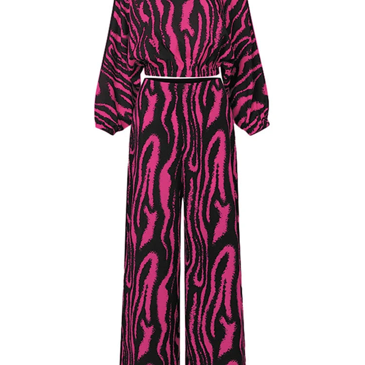 Plus Size VONDA Women Pant Sets Zebra-stripe Bohemian Printed 2PCS Long Sleeve Skew Collar Top and High Waist Pants Casual Sets