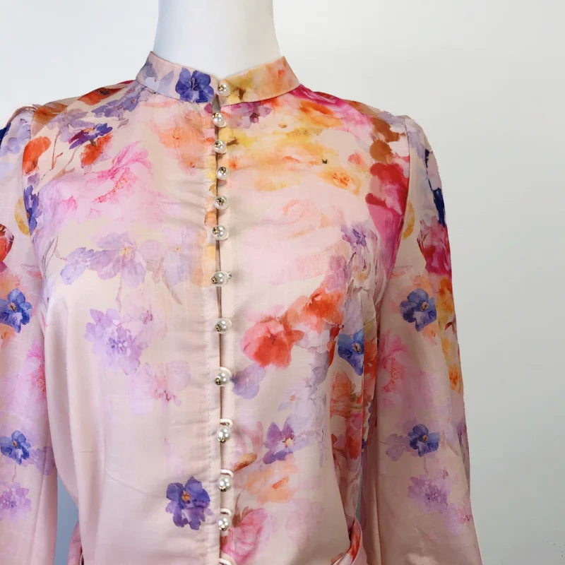 Shot Spot 2025 Spring and Summer Stand Collar Long Sleeve Shirt Top Wide Leg Skirt Pocket with Silk Scarf Belt Two-Piece Se