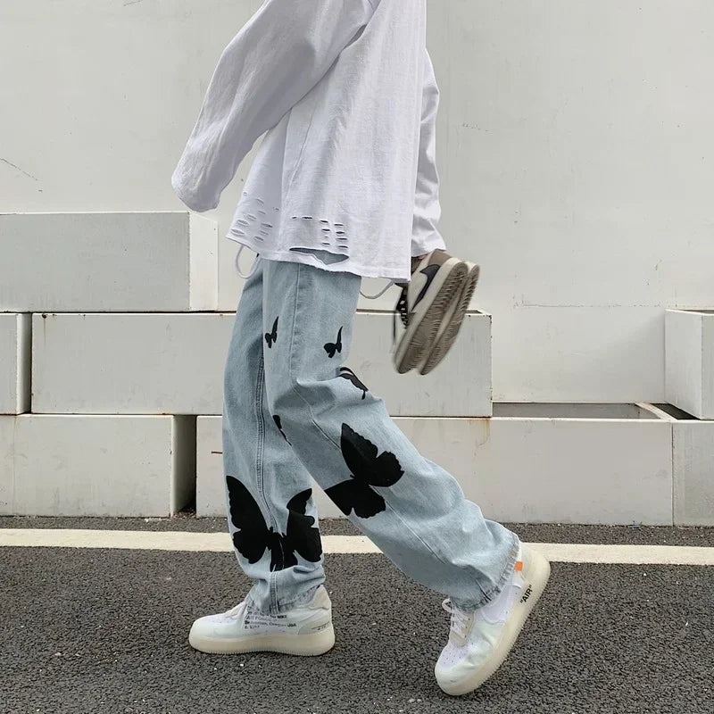 Loose Baggy Casual Denim Hip Hop Streetwear Straight Trousers Clothing Butterfly Print Women Jeans Pants Jeans Woman