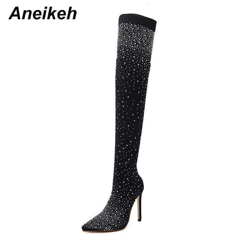 Sexy High Heels Sock Over-the-Knee Boots Pointed Toe Design Crystal Rhinestone Stretch Fabric Pole Dancing Women Shoes