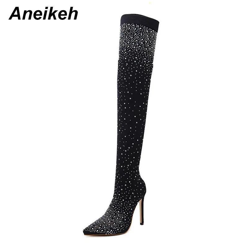 Sexy High Heels Sock Over-the-Knee Boots Pointed Toe Design Crystal Rhinestone Stretch Fabric Pole Dancing Women Shoes