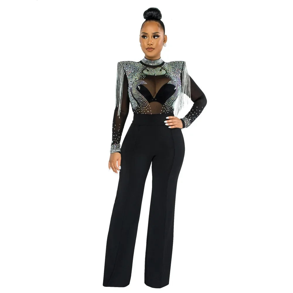 CM.YAYA Women Jumpsuit Solid High Collar Hot Drill Mesh Shoulder Cotton Long Sleeves Long Straight Jumpsuit Sexy Party Outfits black jumpsuit