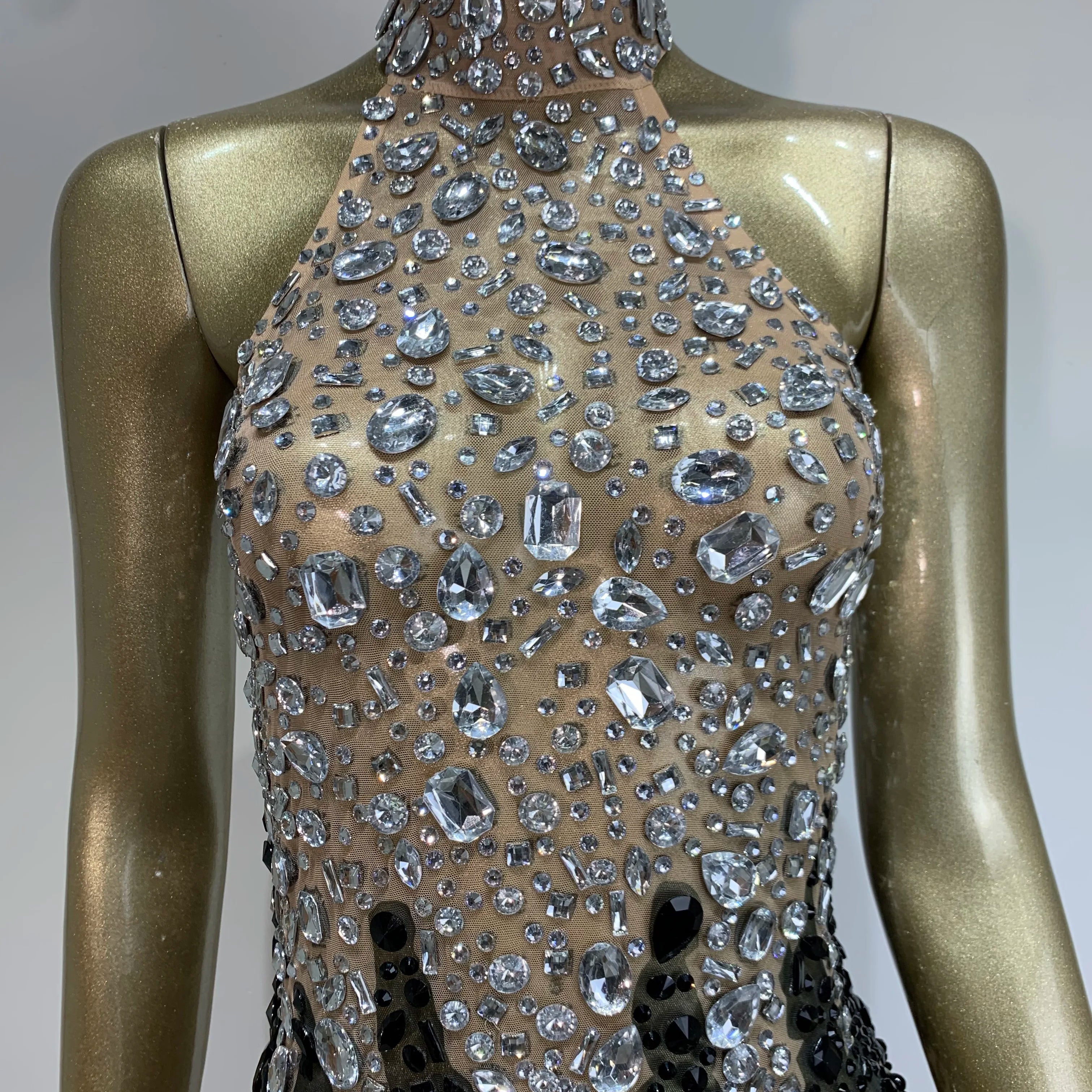 Women Sexy Backless Halter Crystal Diamonds Patchwork Mini Dress Birthday Party Costume Bar Nightclub Stage Performance Dress