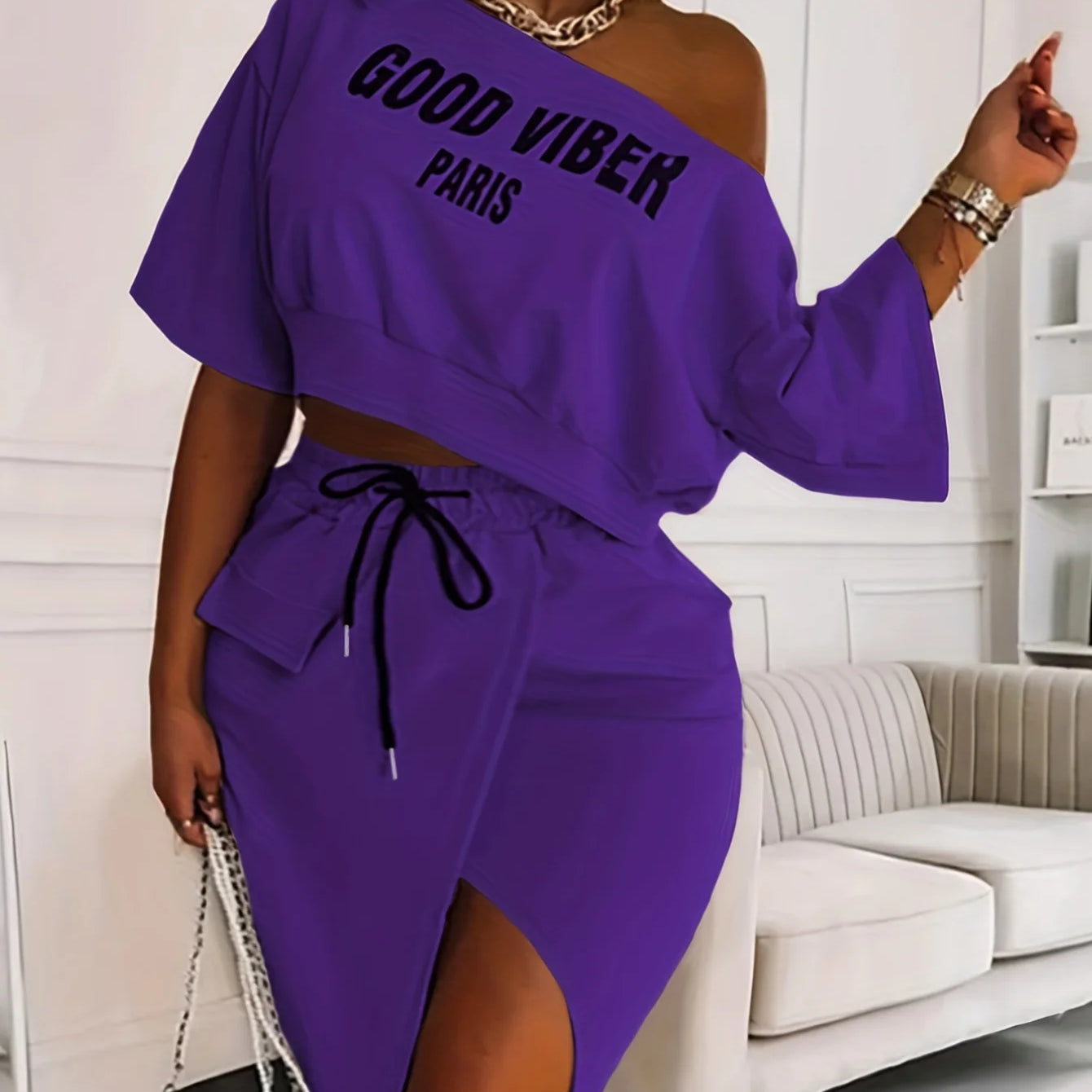 LW Plus Size Two Piece Good Viber One Shoulder Letter Print Set Crop Top+High Split Skirt Elegant Matching Outfits For Women