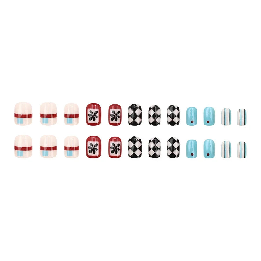24pcs Almond Press on Nails Color Block Checkerboard Diamond Pattern Fake Nail for Women&Girl Removable Wearable Nail Sticker