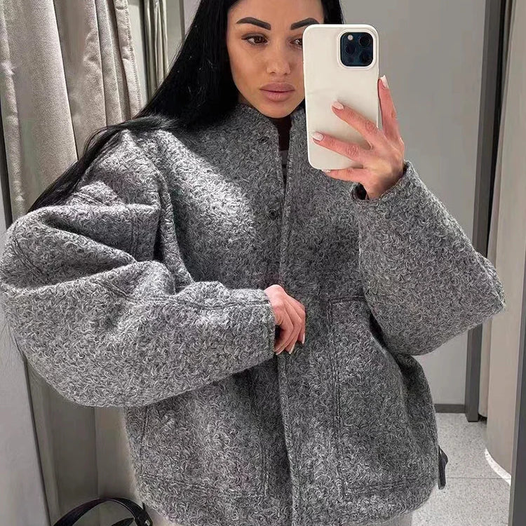 Women Fashion With Pockets Oversized Bomber Jacket Coat Vintage Long Sleeve Snap Button Female Outerwear Chic Tops