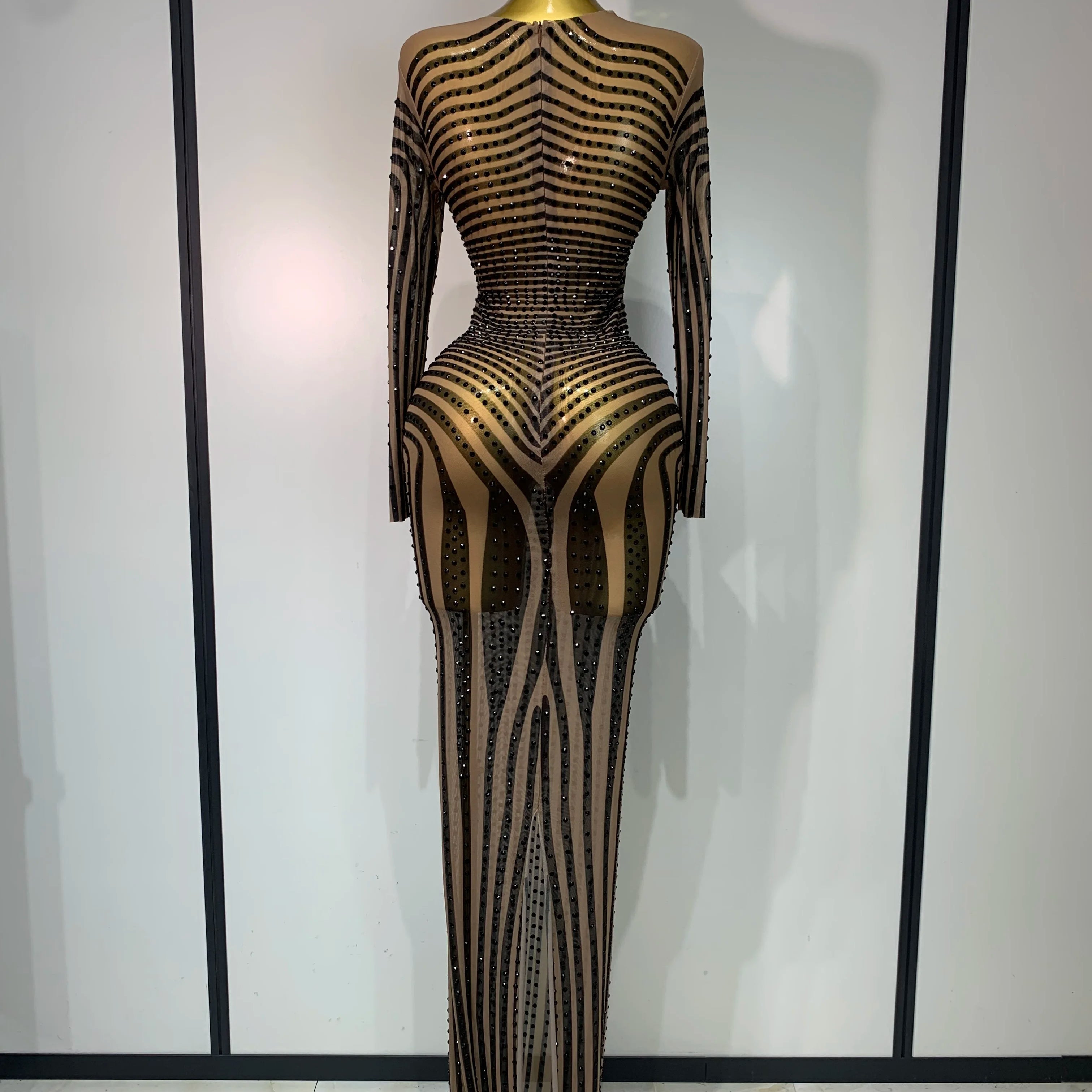 Women Sexy Mesh Perspective Shiny Diamond Dinner Dress Elegant Celebrity Evrning Party BirthdayDress Singer Stage Outfit