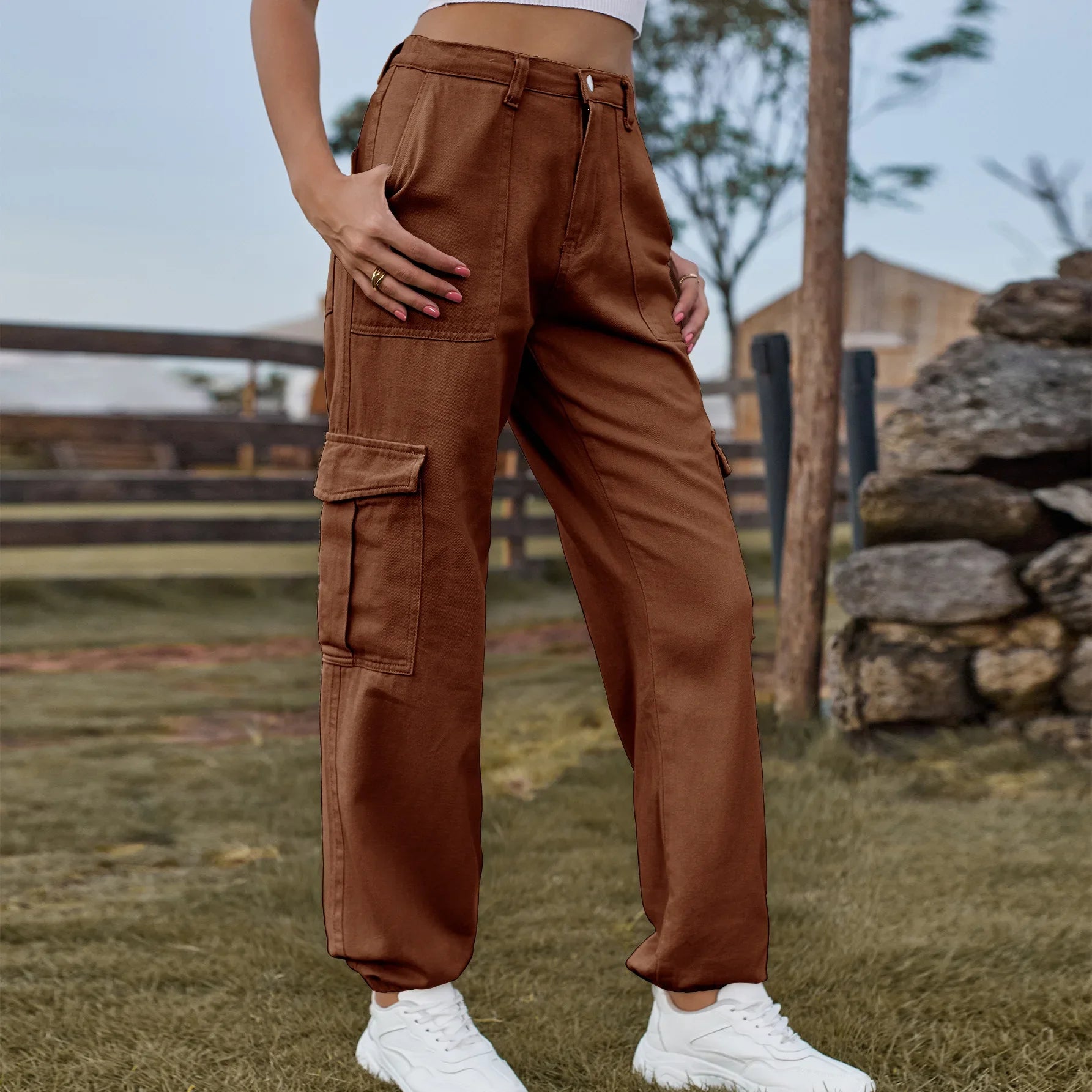 Women's trend cargo pants women New denim with semi elastic design personalized and versatile workwear pants Skinny brown