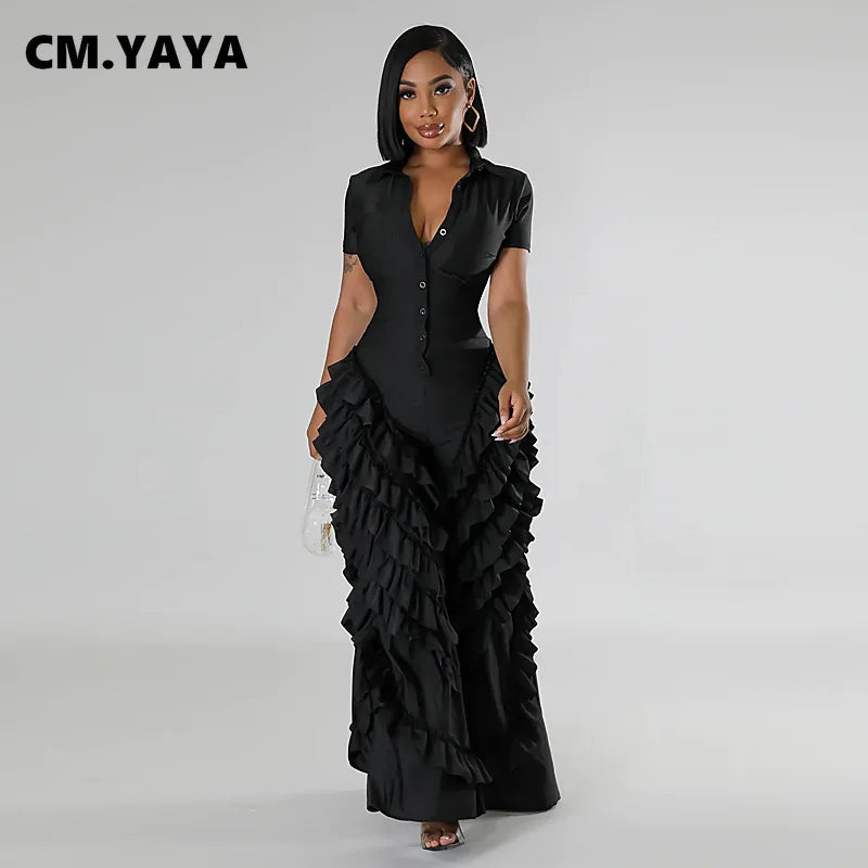 CM.YAYA Fashion Women Mult Ruffles Short Sleeve Zipper Fly Wide Leg Shirt Jumpsuit 2024 Streetwear Romper One Piece Set Playsuit