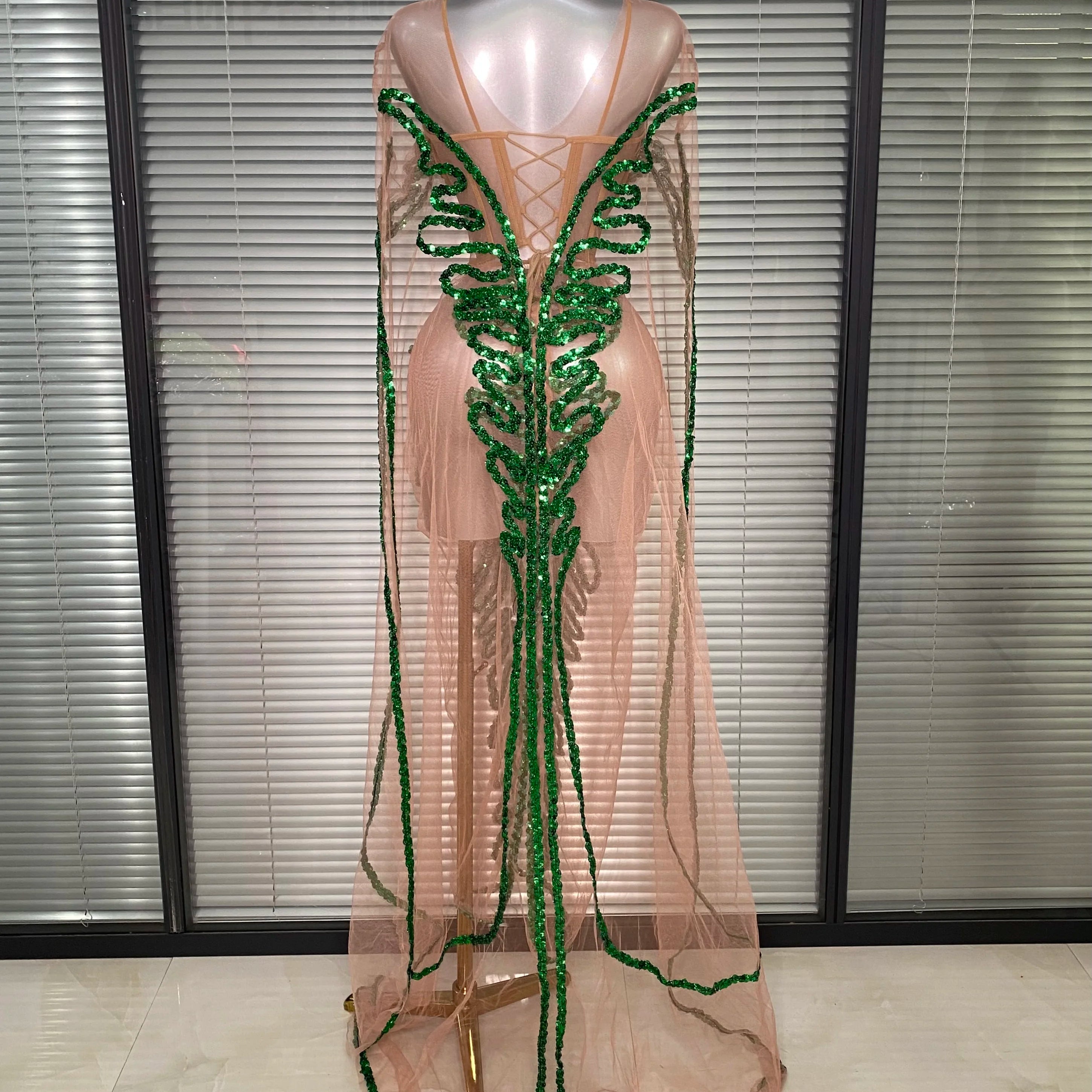 New Women Sexy Mesh Sheer Sequins Green Maxi Dress See Through Party Costume Stage Performance Dress