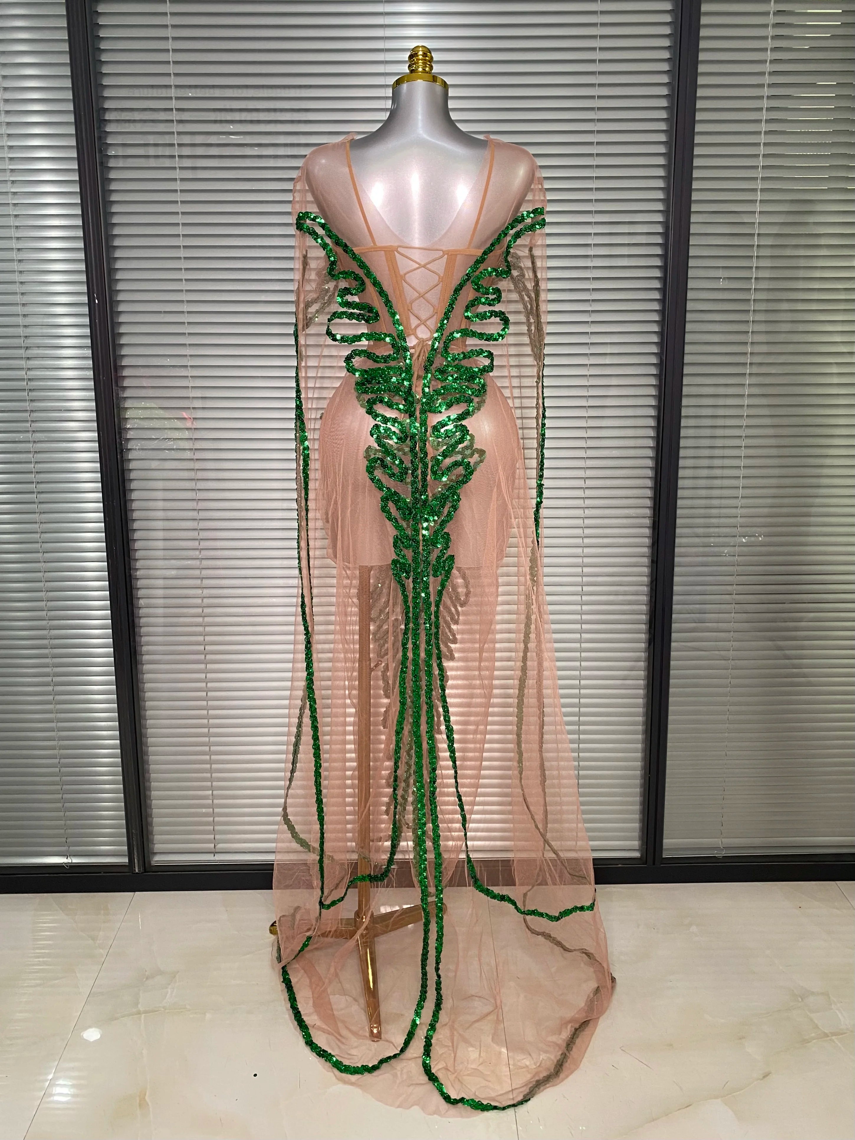 New Women Sexy Mesh Sheer Sequins Green Maxi Dress See Through Party Costume Stage Performance Dress