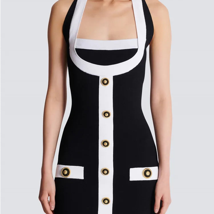 Women Celebrity Sexy Backless Halter Button Bodycon Black Mini Bandage Dress 2025 Elegant Evening Club Party Outfit