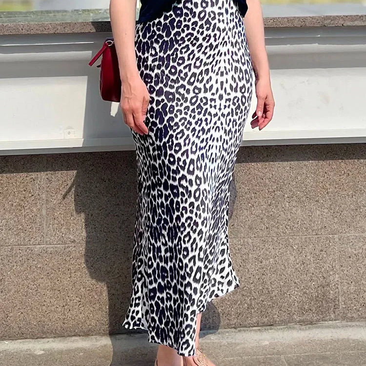 Long Leopard Print Skirts Women Satin Summer Office Elegant Maxi Zipper Skirt Satin Silk Fashion Fishtail Skirt Women Summer