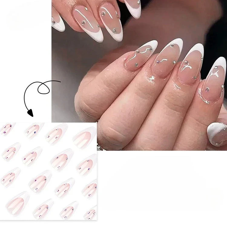 24pcs Simple French White Patchwork Fake Nails Sparkling Diamond Full Cover Almond Press on Nails Nail Tip