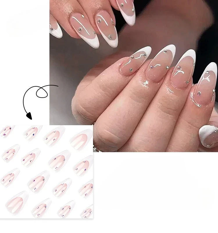 24pcs Simple French White Patchwork Fake Nails Sparkling Diamond Full Cover Almond Press on Nails Nail Tip