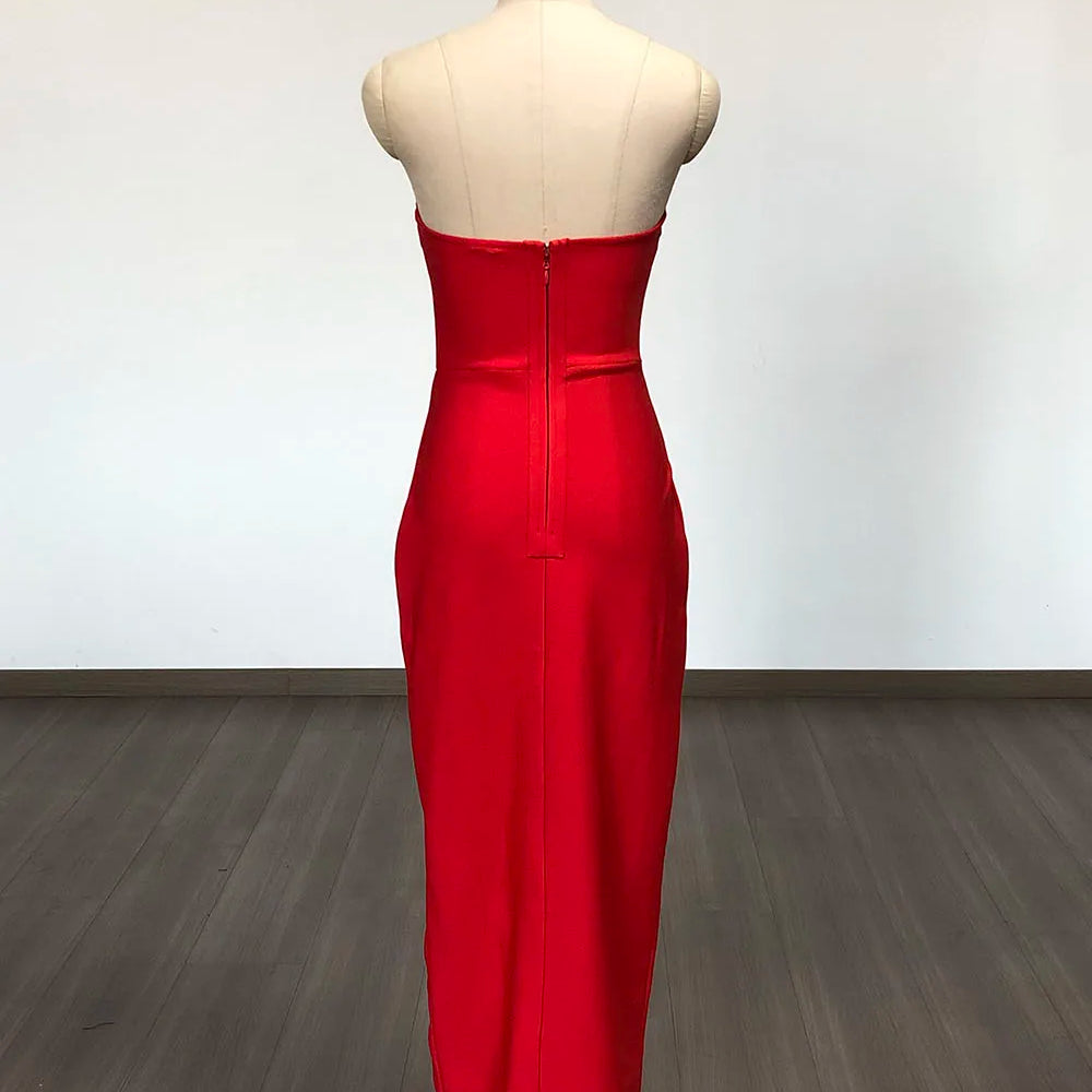 Red Black Women Sexy Strapless Shinning Diamond Line Bodycon Long Bandage Dress Elegant Birthday Party Cocktail Dress Outfit