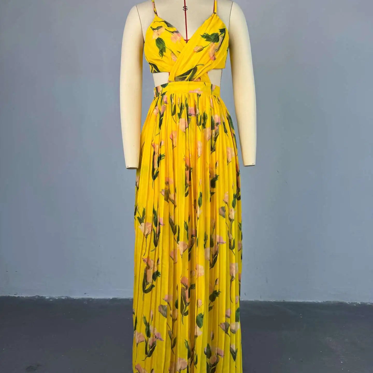 CM.YAYA Elegant Floral Print Sleeveless Sweet Strapless Floor-Length Long Women Dress Beach Party Birthday Sexy Pleated Dresses