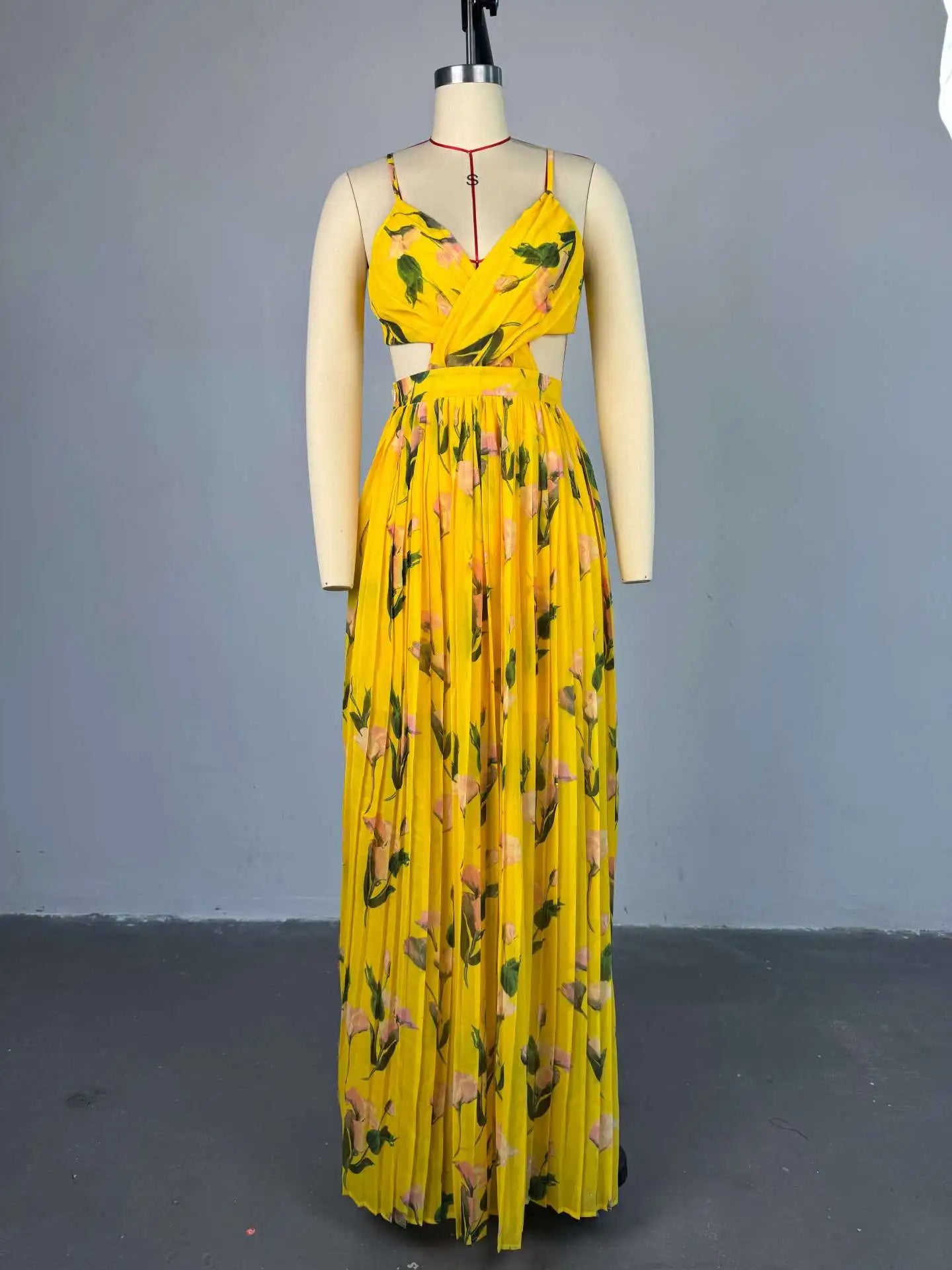 CM.YAYA Elegant Floral Print Sleeveless Sweet Strapless Floor-Length Long Women Dress Beach Party Birthday Sexy Pleated Dresses