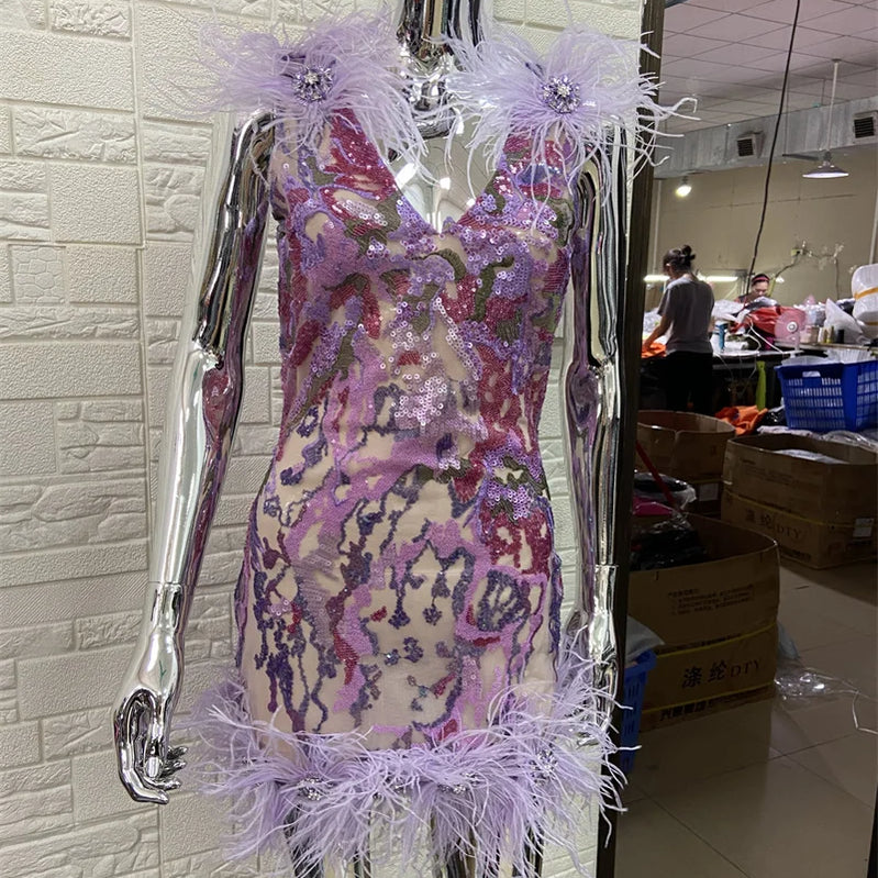 STOCK High Quality Gorgeous Feathers Shining Diamonds Violet Sequins Sleeveless Mini Dress Graceful Woman Evening Party Outfit