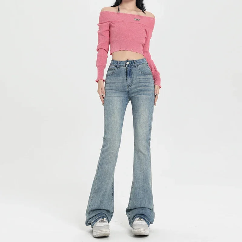 Autumn Women Vintage Denim Flare Pants Fashion New Casual Streetwear High Waist Slim Soft Mom Trouser Harajuku Y2K Jeans Nostalgic Blue CN