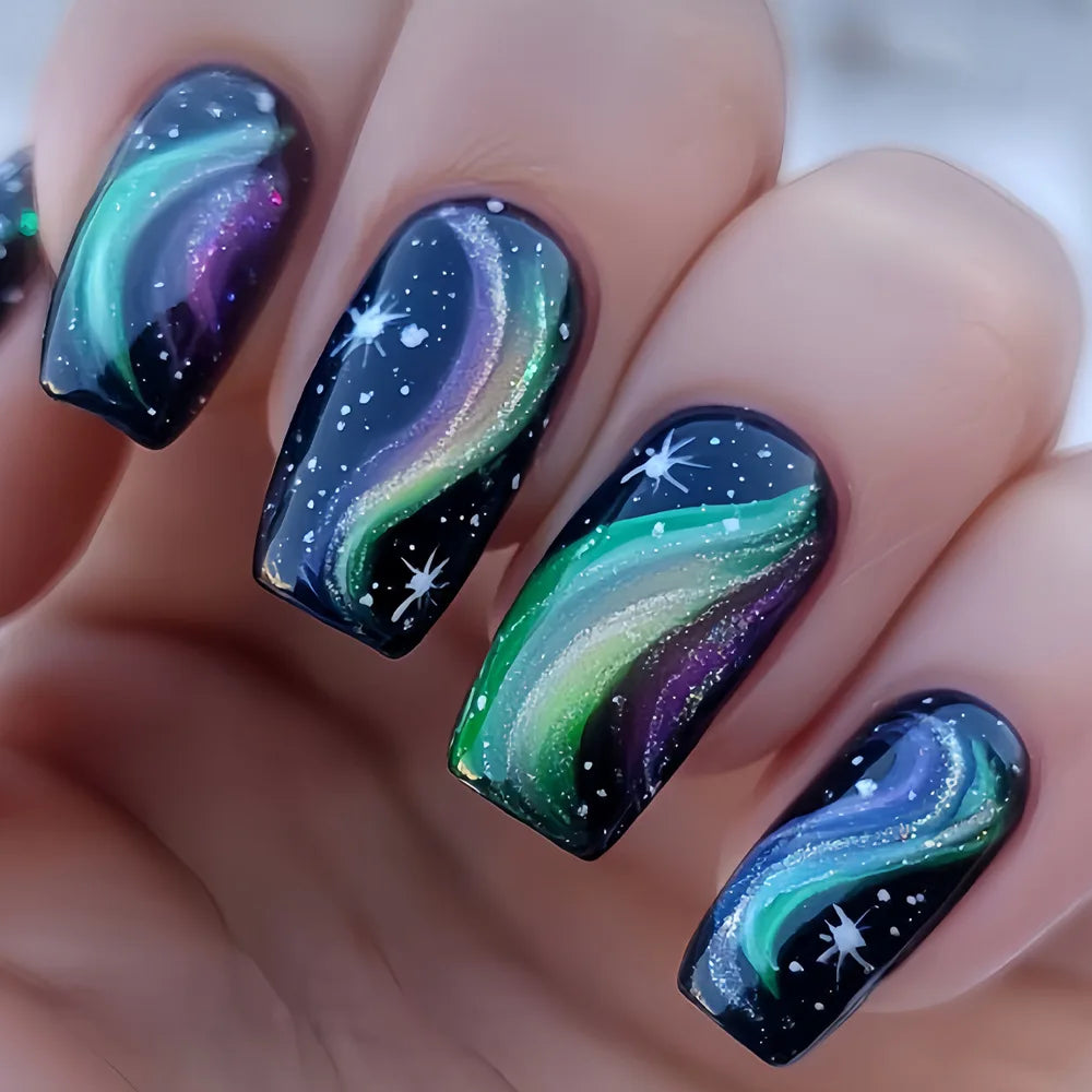 Medium fake nails for women gilrs gradient blue pink starry sky star moon Y2K design Almond nail tips press on false nail set