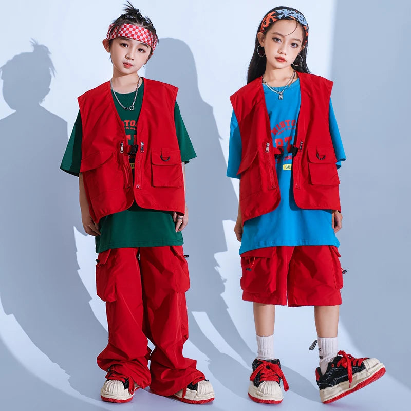 Boys Hip Hop Pants Outfits Red Vest Cargo Pants Girls Streetwear Children Joggers Street Dance Kids Jazz Costumes Clothes Sets