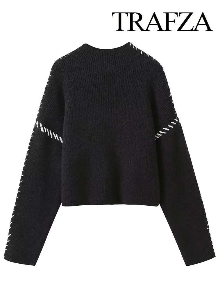 TRAFZA Women Fashion Black Spliced Cable Stitch Turtleneck Oversize Pullover Female Casual Long Sleeve Loose Sweater Vintage Top