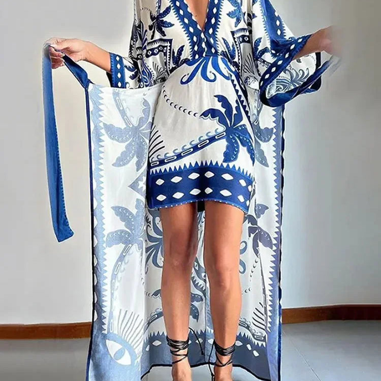 Vintage Bule Print Lace Up Midi Dress Women V Neck Half Sleeve High Waist Vestidos Spring Summer Casual Beach Robes Female Printing