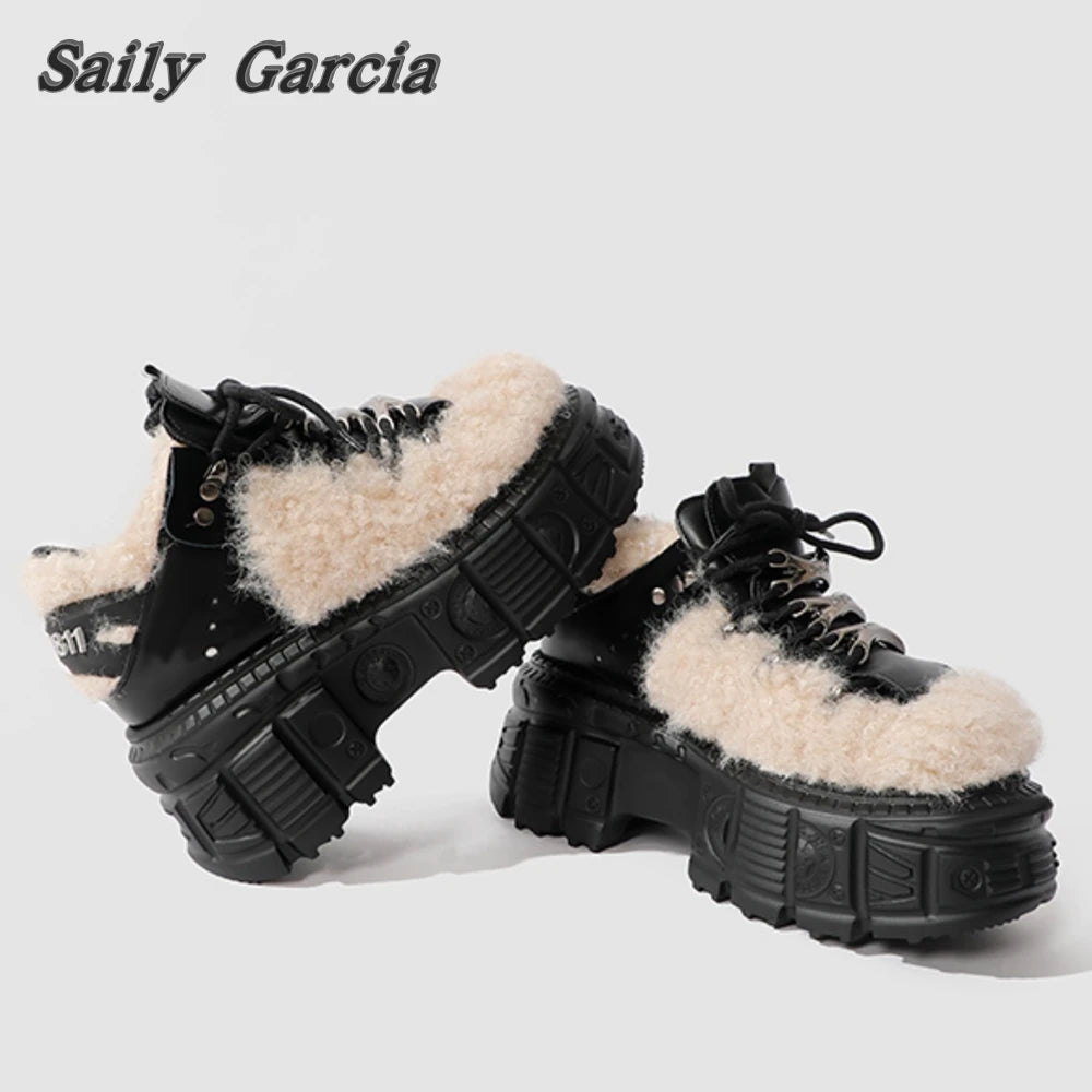 Short Plush Rock Punk Style WaterProof Platform Ankle Boots Winter New Metal Lace Up Women Shoes Round Toe Sculpted Sole Boots