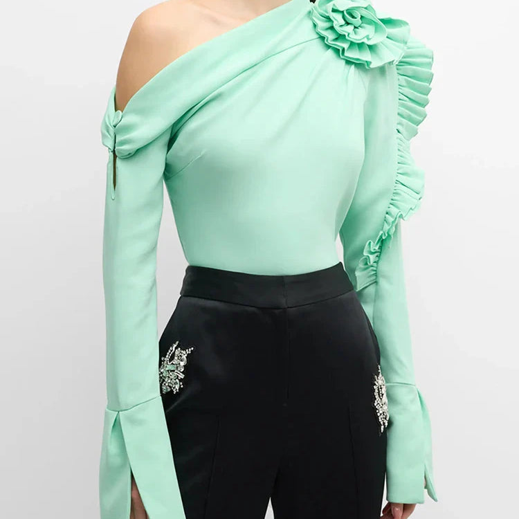 Patchwork Appliques Asymmetrical Blouse For Women Diagonal Collar Long Sleeve Solid Pullover Shirts Female Fashion