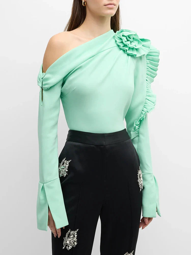 Patchwork Appliques Asymmetrical Blouse For Women Diagonal Collar Long Sleeve Solid Pullover Shirts Female Fashion