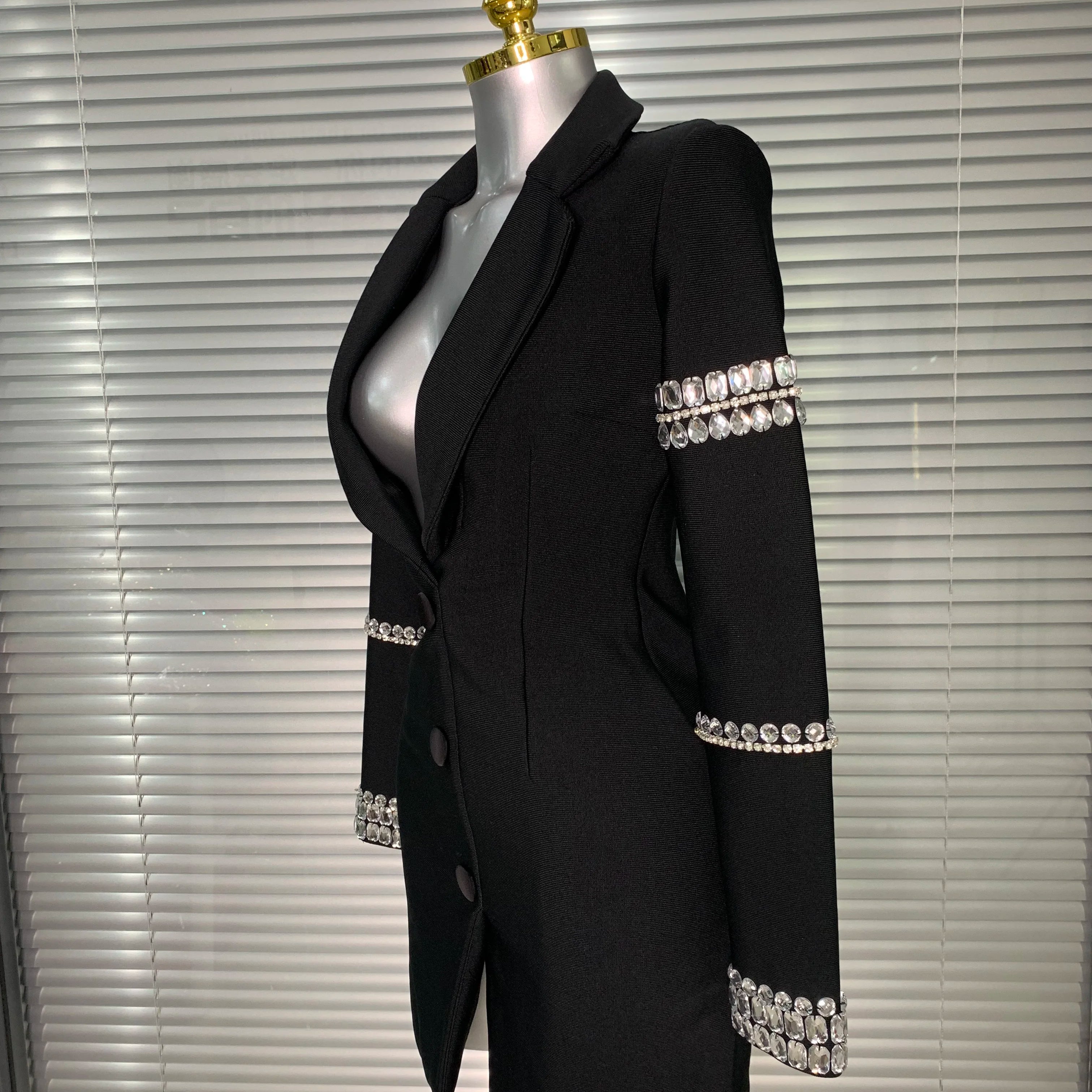 Brand New 2025 Women Sexy Deep V Neck Long Sleeve Beaded Blazer Bandage Dress Elegant Evening High Street Party Dress