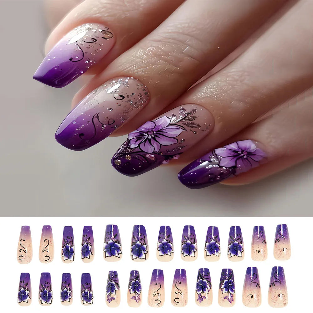 24pcs/set Short Medium fake nails for women girls gradient shiny glitters heart french Square almond tips Press on false nail