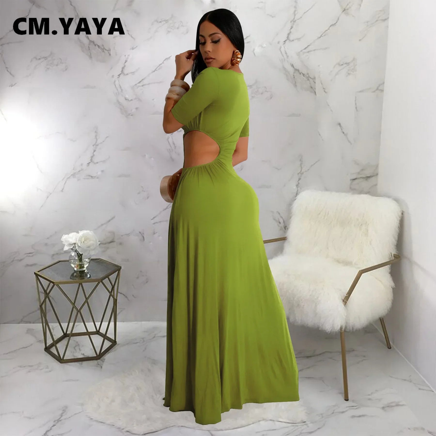 CM.YAYA Women O-neck High Split Ruched Bodycon Midi Maxi Dress 2024 Fall Street Evening Party Club Vestidos Sexy Long Dresses