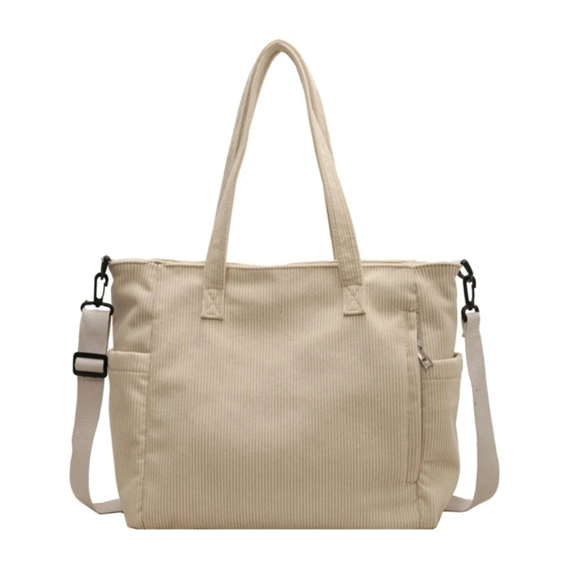 Women's Handbag Corduroy Shopper Shoulder Bag Casual Large Capacity Crossbody Bags College Student Bookbag Laptop Tote Bag Beige