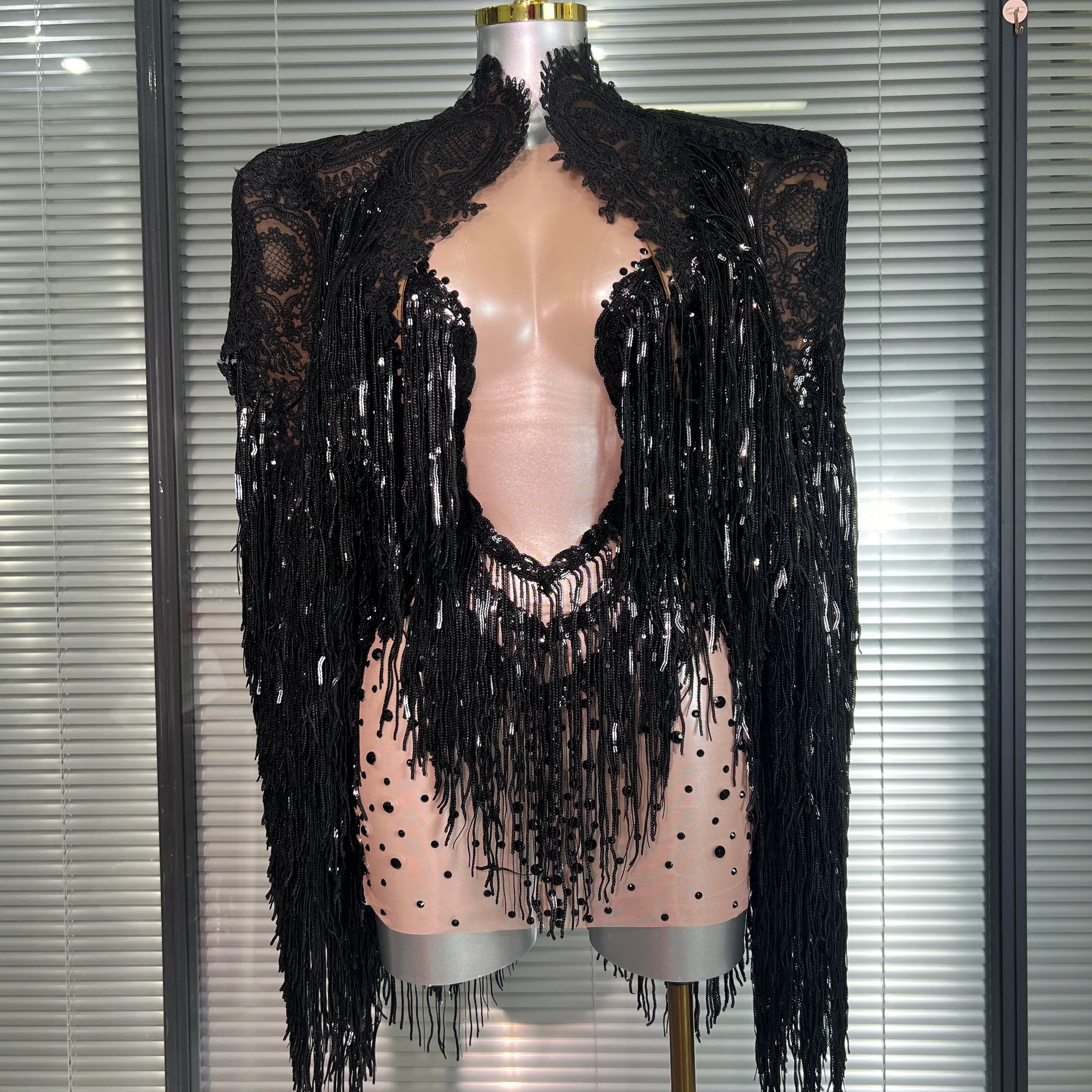 Celebrity New Women Sexy Mesh Sheer Crystal Stage Costume Stage Dancer Night Club Tank Mini Party Dress Coat 2 Pieces Set