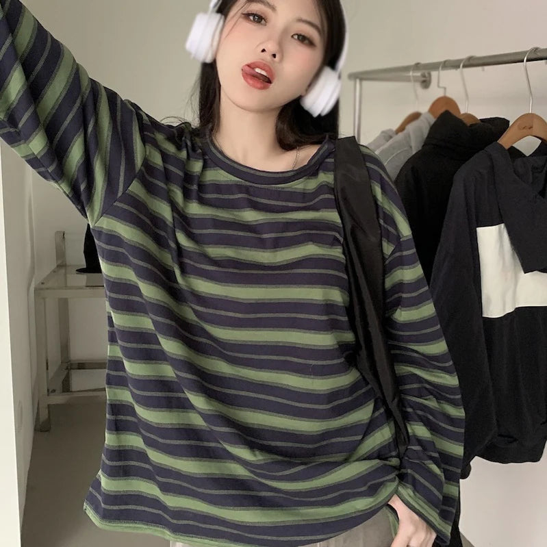 T-shirts for Women Streetwear Woman Clothing Y2k T-shirts Korean Fashion Striped Long sleeve T-shirts Student Tops