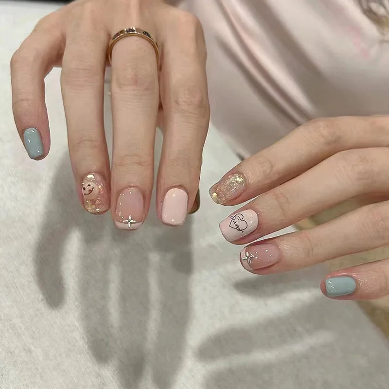 24Pcs Pink False Nails with Glue Ballerina Full Cover Nail Tips Simple Fake Nail with Star Rabbit Design Wearable Press on Nails