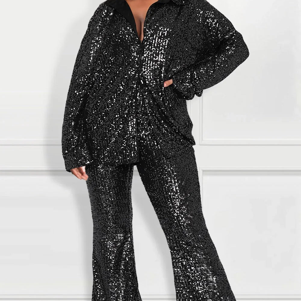 Plus Size Women Two Piece Set Sequin Flare Sleeve V-Neck Tops and Wide Leg Pants Outfits Party Club Streetwear Matching Sets